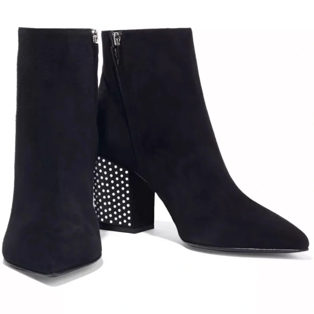 Sergio Rossi Black Suede Ankle Bootie Crystal Embellished 75 Block Heel Zip 5 35